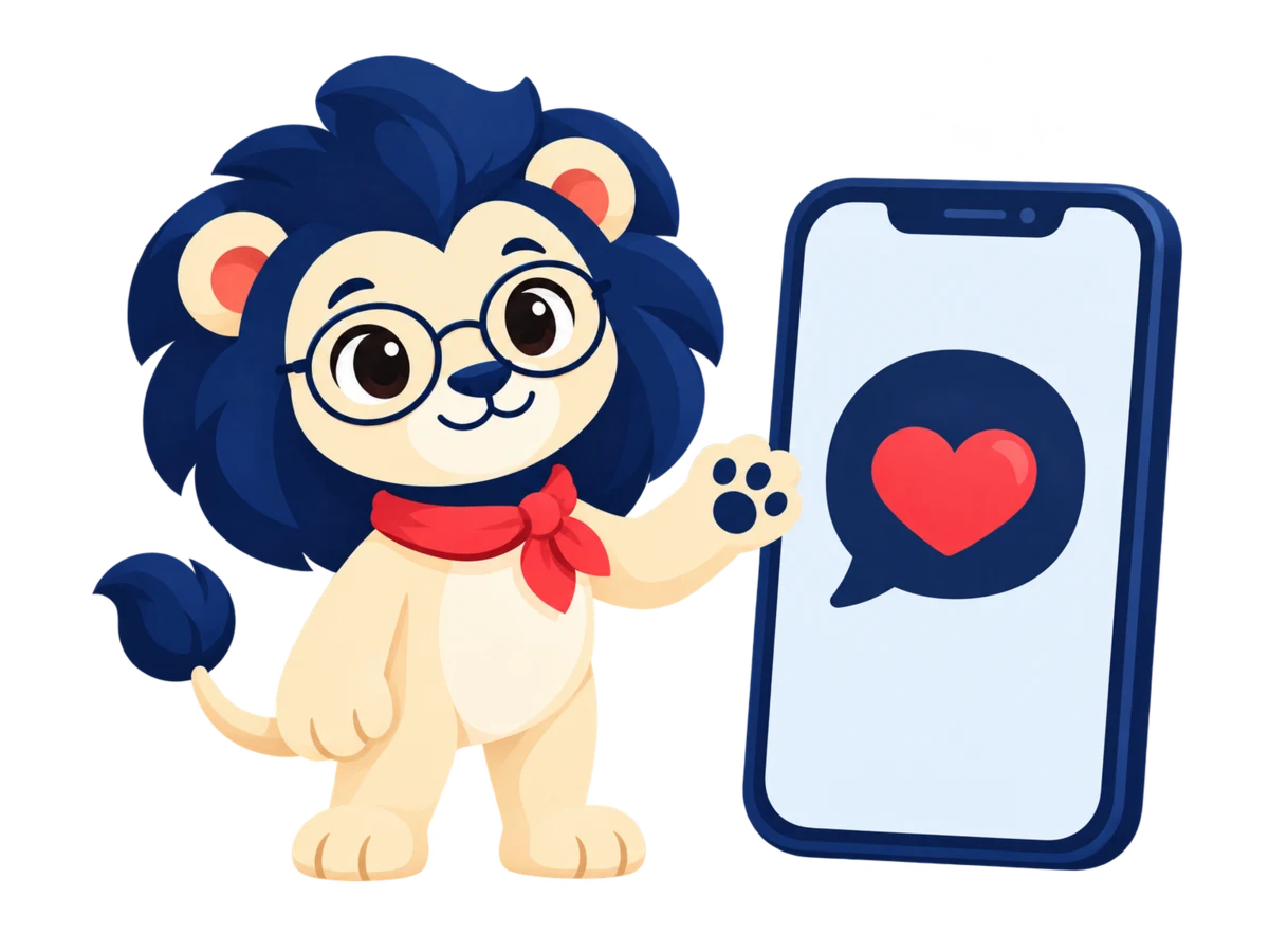 Leo presents a phone illustration with a conversation bubble and a heart.
