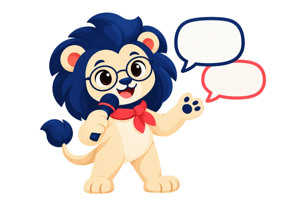 Leo speaks into a microphone beside conversation bubbles.