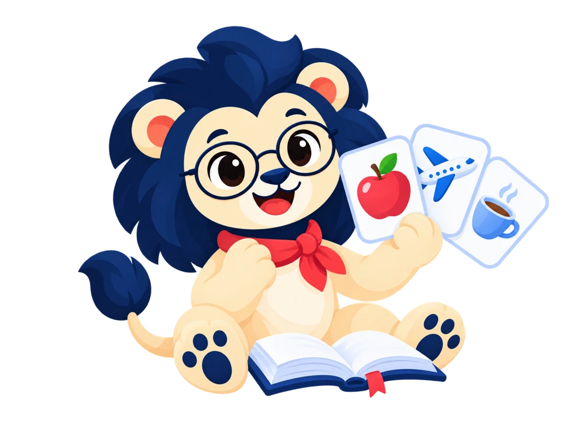 Leo studies illustrated vocabulary flashcards.