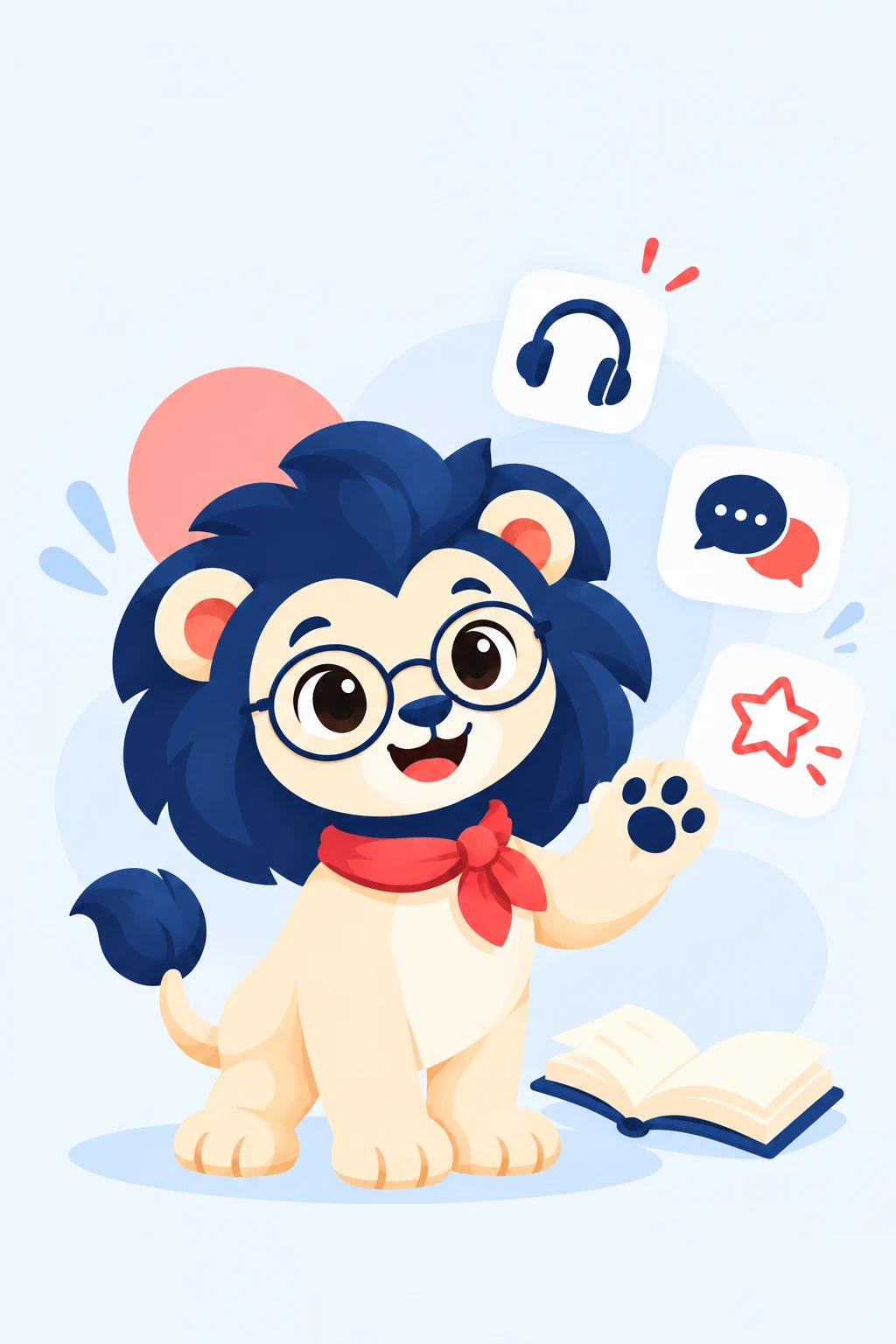 Leo waves hello beside a book and symbols for listening and conversation.