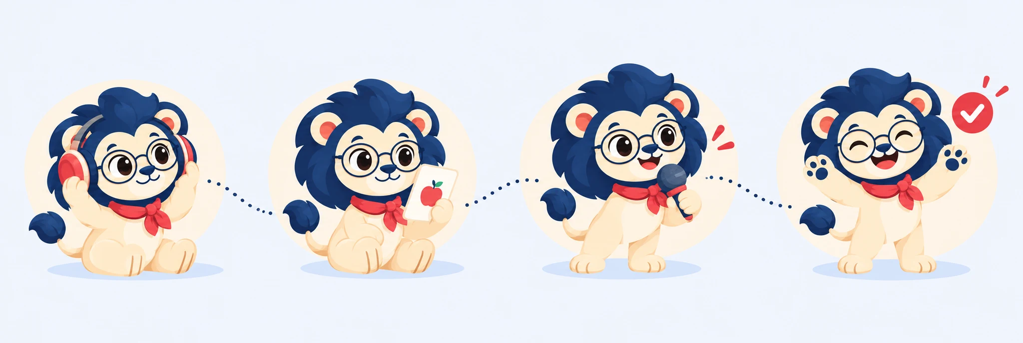 Leo listens, reviews a word, practises speaking and celebrates along a learning path.