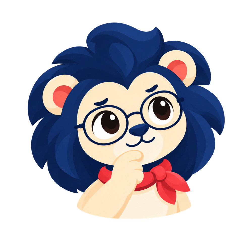 Leo, a friendly lion wearing round glasses and a red scarf, thinks with a paw on his chin.